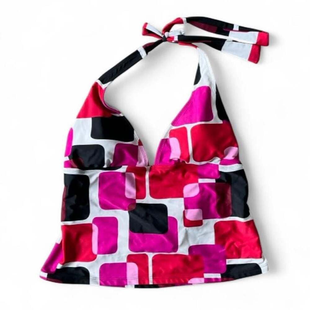Y2K Faded Glory Geometric Halter Tankini Top Multicolor Square Pattern - Size L